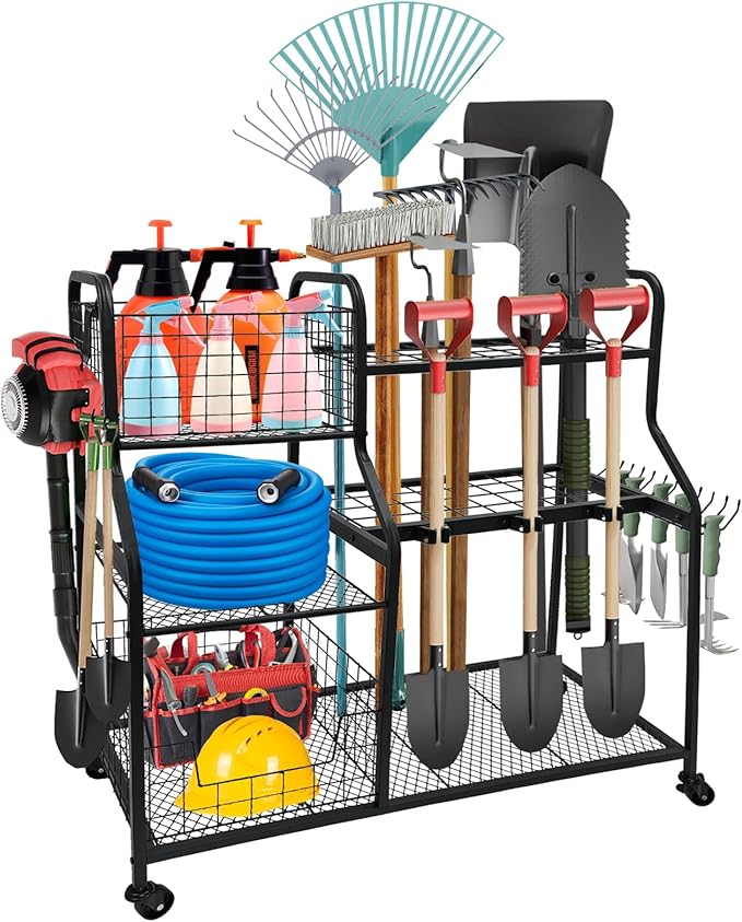Garden Tool Organizer with 4 Wheels, Garden Tool Rack with 2 Storage Basket, 3 Tier Utility Garden Tool Storage with 12 Hooks for Garage/Yard/Shed/Garage/Basement/Lawn