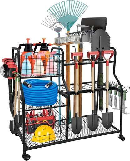 Garden Tool Organizer with 4 Wheels, Garden Tool Rack with 2 Storage Basket, 3 Tier Utility Garden Tool Storage with 12 Hooks for Garage/Yard/Shed/Garage/Basement/Lawn