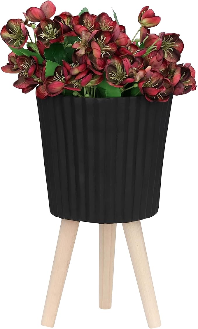 Sagebrook Home Set of 2 Planters with Stands - Modern Resin & Magnesia Pots with Wood Legs - Decorative Indoor & Outdoor Plant Containers for Home & Garden - 12" & 10", Black