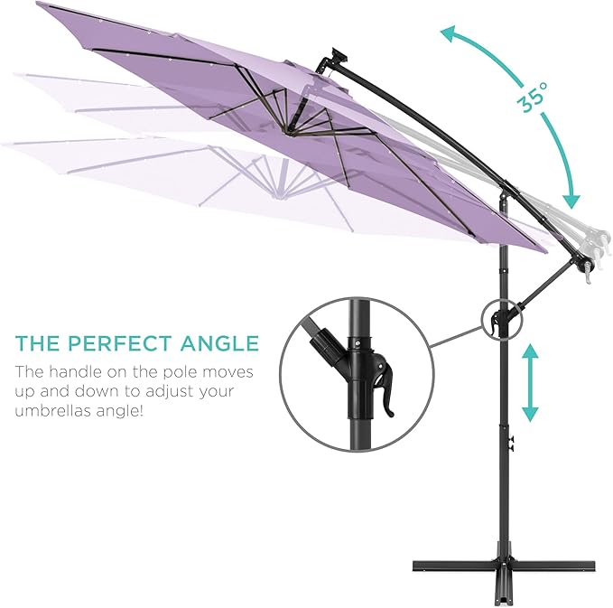 Best Choice Products 10ft Solar LED Offset Hanging Market Patio Umbrella for Backyard, Poolside, Lawn and Garden w/Easy Tilt Adjustment, Polyester Shade, 8 Ribs - Lavender