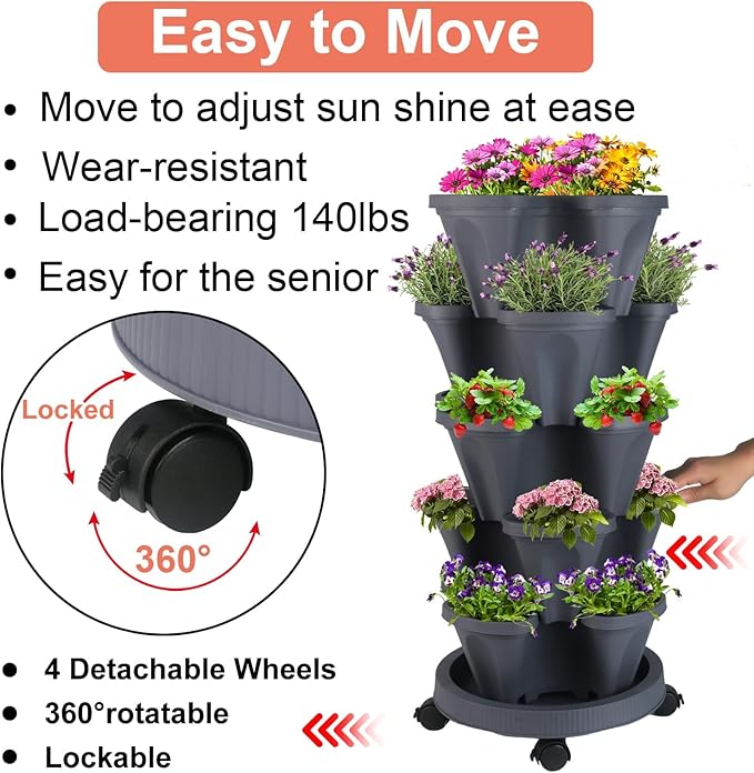 GameXcel Vertical Planter Tower- 5 Tier Stackable Garden Planter with Wheels and Tool Set – Grow Strawberries Herbs Flowers and Vegetables - Indoor Outdoor Use Dark Gray