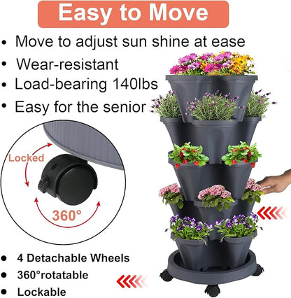 GameXcel Vertical Planter Tower- 5 Tier Stackable Garden Planter with Wheels and Tool Set – Grow Strawberries Herbs Flowers and Vegetables - Indoor Outdoor Use Dark Gray