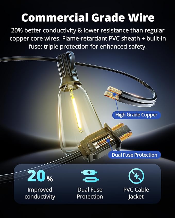 VIPAR LED Outdoor String Lights, 100FT Patio Lights with 32 Edison Shatterproof Bulbs, IPX5 Waterproof Outside Hanging Light Connectable for Backyard Porch Balcony Garden Deck Decor, E12 Base, Black