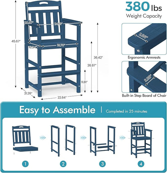 Ciokea Oversized Tall Bar Chairs Set of 2, HDPE Adirondack Outdoor Bar Chairs with Footrest, All-Weather Barstools with High Back for Balcony, Bistro, Porch, Deck, Pool, Backyard, Navy Blue