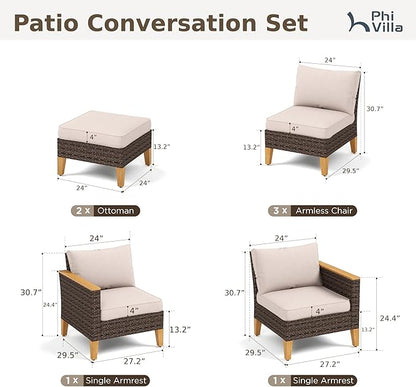 PHI VILLA Outdoor Heavy Duty Wicker Patio Conversation Set 7-Piece, Rattan Sectional Furniture Patio Set for 7 Seats with Cushioned 3 x Armrest Chair, 2 x Ottoman and 2 x Armless Sofa, Beige