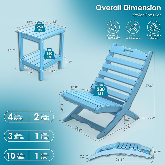 GREENVINES 3 Pieces Patio Furniture Set | Outdoor Bistro Sets for 2 | HDPE Plastic | Folding-Adirondack-Chairs-with-Side-Table | All Weather | Xavier Chair | for Porch Deck Poolside Backyard | Arctic