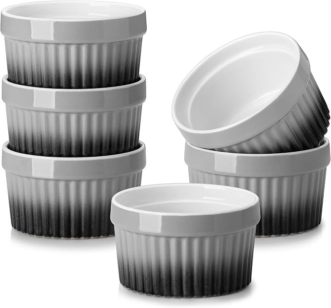 MALACASA Ramekins 6 oz Oven Safe, Small Ceramic Souffle Dishes for Creme Brulee Souffle, Stoneware Custard Cups Ramiken for Baking, Dessert Bowls Dipping Sauce Dish Set of 6, Grey, Series RAMEKIN-DISH