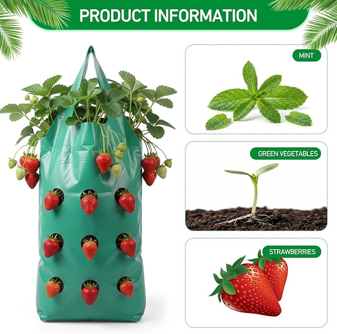 50 Pack Hanging Strawberry Planter Grow Bags, 9 Hole Plastic Hanging Vertical Planters, Upside Down Garden Bags with Reinforced Handles for Outdoor Wall Strawberries, Cherry, Tomatoes, Flowers, Tomato