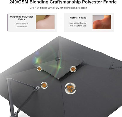 PURPLE LEAF Cantilever Patio Umbrella Outdoor Aluminum Offset Square Umbrella Windproof Heavy Duty Hanging Outside Umbrella for Deck Pool Garden