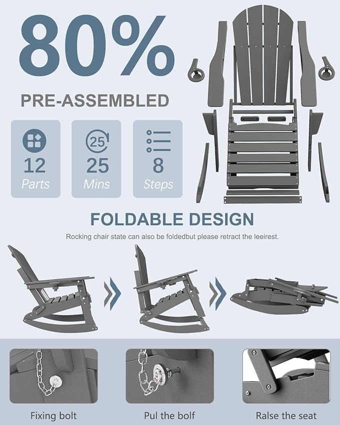 Adirondack Rocking Chair with Retractable Ottoman, All Weather Folding Adirondack Chair with Two Cup Holders, Adirondack Outdoor Rocking Chairs for Porch, Patio, Balcony. Grey