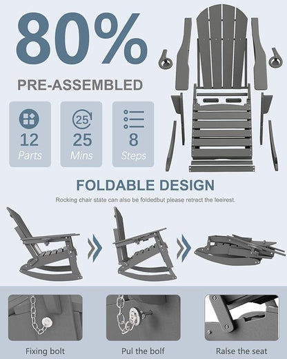 Adirondack Rocking Chair with Retractable Ottoman, All Weather Folding Adirondack Chair with Two Cup Holders, Adirondack Outdoor Rocking Chairs for Porch, Patio, Balcony. Grey