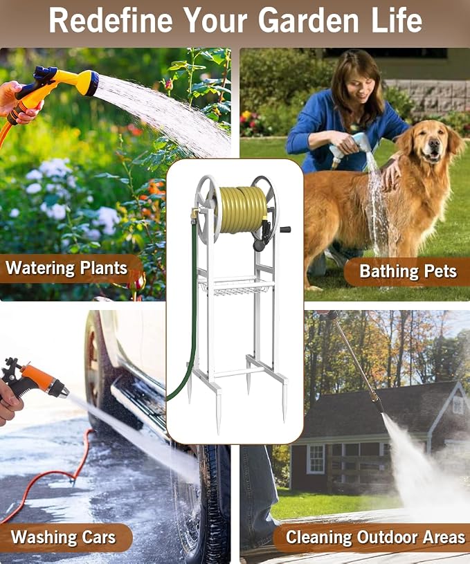 Garbuildman Ground Mount Garden Hose Reel Holds 125 Feet of 5/8-Inch with 3.9 ft Leader Hose, Brass Fitting, Water Hose Holder Stand with Storage Rack & 4 Spikes Base for Outdoor Lawn, White