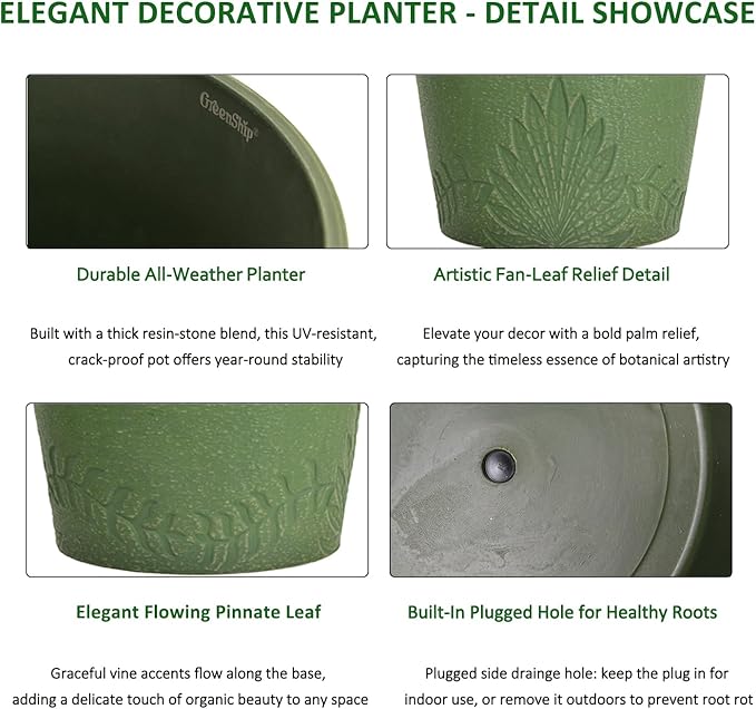 GreenShip 15 inch Large Planters, Set of 2 Relief Planters - Recycled Resin & Stone Composite Flower Pots - Weather Resistant Lightweight Garden Pots for Indoor Outdoor Plants (Olive)