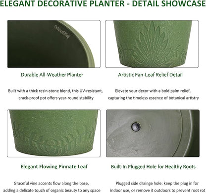 GreenShip 15 inch Large Planters, Set of 2 Relief Planters - Recycled Resin & Stone Composite Flower Pots - Weather Resistant Lightweight Garden Pots for Indoor Outdoor Plants (Olive)