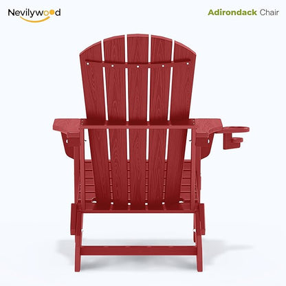 nevilywood Folding Adirondack Chair with Cup Holder,HDPE All-Weather Patio Chairs,Plastic Outdoor Chairs- Looks Exactly Like Real Wood-Red