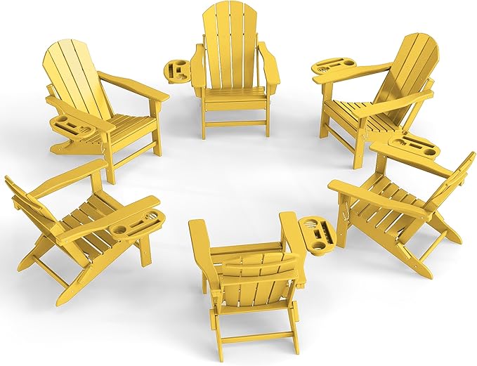 Adirondack Chair Set of 6, HDPE Folding Adirondack Chair with Multifunctional Cup Holder, Weather Resistant Fire Pit Chair for porches, patios, poolsides, Decks.