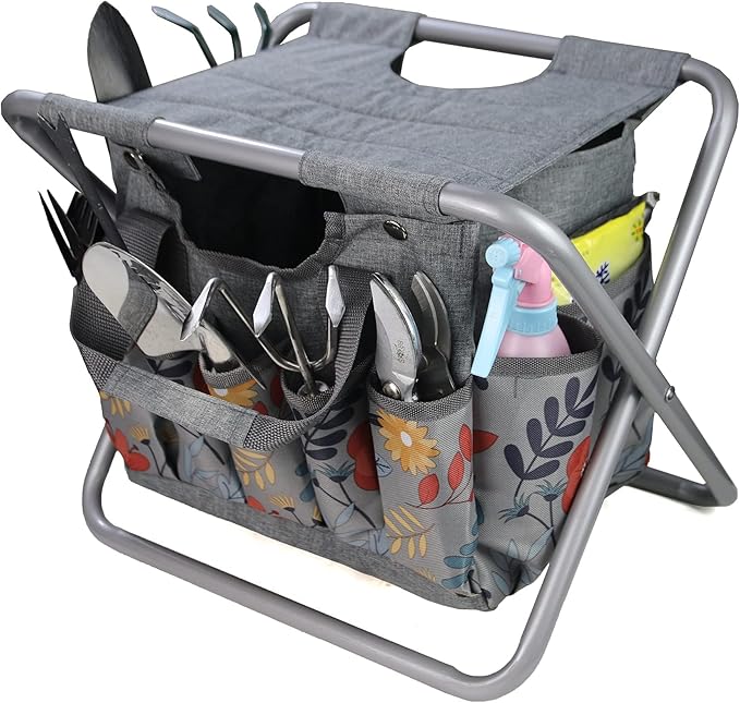 MDSTOP Folding Gardening Stool with Detachable Storage Tote Bag, Gardening Tools Set Organizer for Fishing Outdoor Sports Hiking Camping Garden, Gardening Gifts for Mom/Dad, Without Tools (Aluminum)