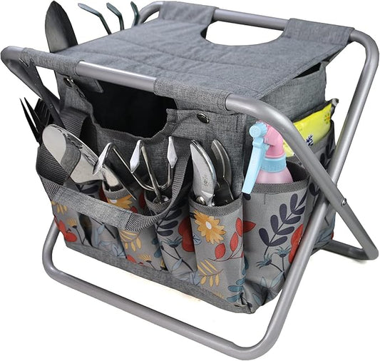 MDSTOP Folding Gardening Stool with Detachable Storage Tote Bag, Gardening Tools Set Organizer for Fishing Outdoor Sports Hiking Camping Garden, Gardening Gifts for Mom/Dad, Without Tools (Aluminum)