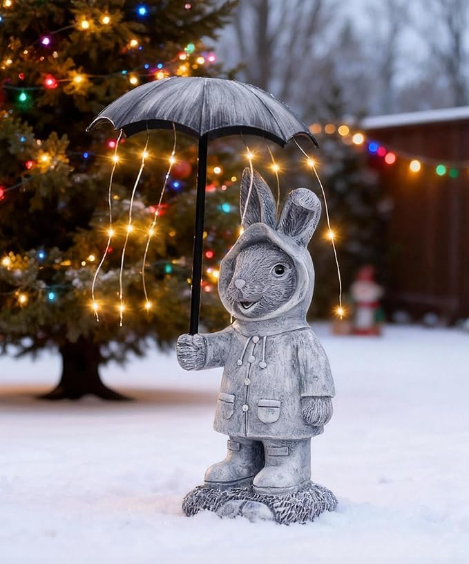 Solar Rabbit Garden Statue Outdoor Decor, Bunny Figurines Lights with Umbrella for Outside Yard Lawn Ornaments,Gifts for Mother's Day Birthday Easter Housewarming(Grey)