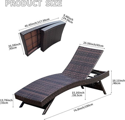 Folding Patio Chaise Lounge (Set of 1 Chair), Foldable Long Reclining Patio Seating Chairs, Outdoor Wicker Lounge Chair, Rattan Chaise Lounge Lawn Sunbathing Chairs Beach Pool Backrest Recliners