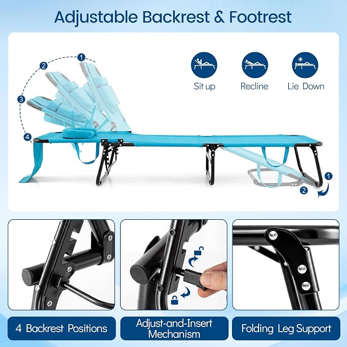 Giantex Folding Beach Tanning Chair - Adjustable Patio Lounge Chair w/Face Hole, Removable Pillows, Carry Strap, Layout Chair, Sunbathing Chaise Lounge Outdoor for Poolside Yard Lawn (1, Turquoise)