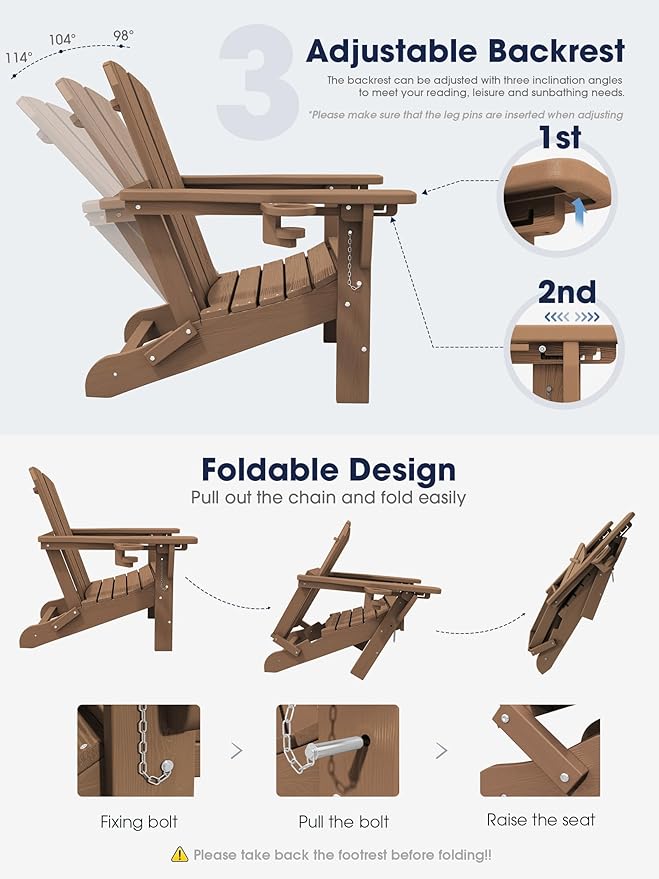 KINGYES Folding Adjustable Adirondack Chair with Ottoman & 2 Cup Holders Set of 2, HDEP Multifunctional Adirondack Chair with Footrest, Brown