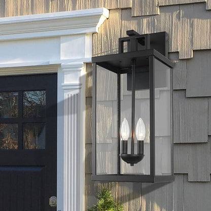Outdoor Lantern, 21 Inch Exterior Waterproof Wall Sconce Light Fixture, Black Front Porch Light with Clear Glass, Modern Outside Lamp for Patio Doorway
