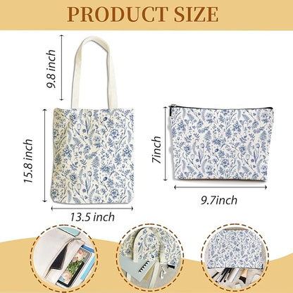 Flower Plant Lover Gifts for Women Canvas Tote Bag with Makeup Bag Cosmetic Bags Grocery Bags for Shopping Christmas
