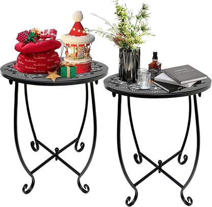Fashion&cool 2 Pack Outdoor Side Tables, 14" Round Patio Side Table, Weather Resistant Metal Outdoor End Table Side Table for Patio Yard Porch Balcony Garden Bedside, Plant Stand for Indoor Outdoor