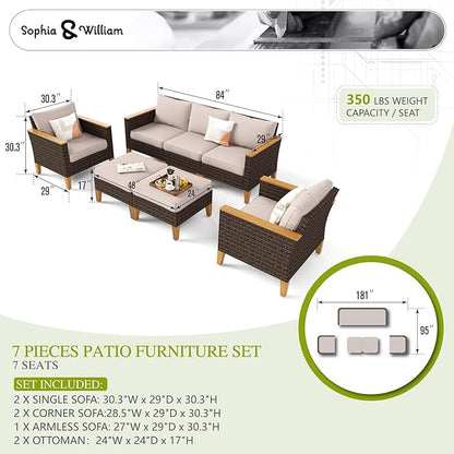 Sophia & William Wicker Patio Furniture Set, Outdoor Rattan Sectional Sofa 7 Piece Patio Conversation Set with 2 x Corner Sofa, 2 x Single Chairs, 1 x Armless Couch, 2 x Ottoman for Deck, Backyard