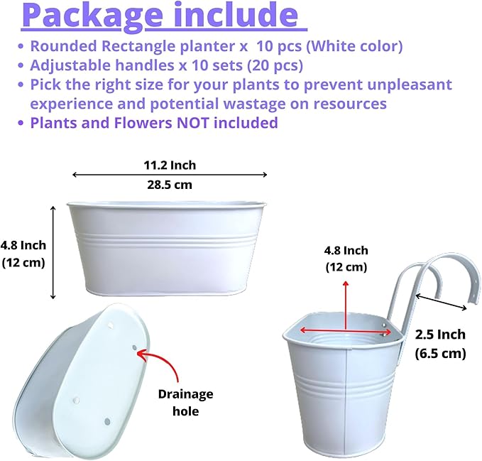 LaLaGreen Rail Planters for Outdoor (10 Pack, 11.2 Inch) White Metal Iron Strawberry Planter Hanging Flower Pots, Deck Railing Fence Bucket Wall Mount Window Box Plant Holder with Hooks Porch Decor