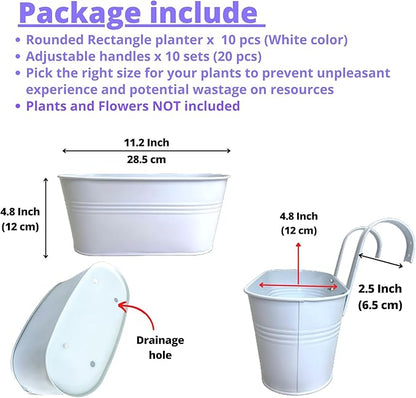 LaLaGreen Rail Planters for Outdoor (10 Pack, 11.2 Inch) White Metal Iron Strawberry Planter Hanging Flower Pots, Deck Railing Fence Bucket Wall Mount Window Box Plant Holder with Hooks Porch Decor