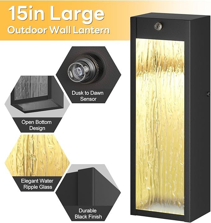 Dusk to Dawn LED Outdoor Wall Light Fixtures, 15in Exterior Black Waterproof Outdoor Lighting, Large Modern Water Ripple Porch Sconces Wall Mounted Outside Lantern for Garage Front Door(2 Pack)