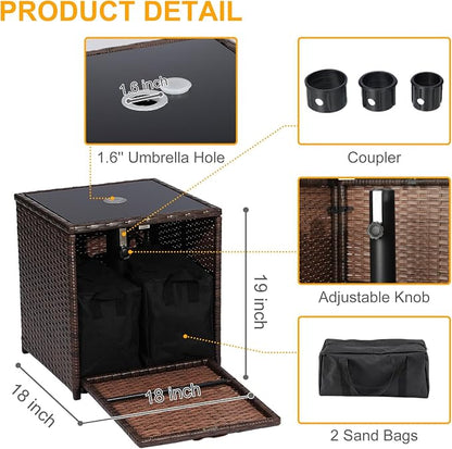 SUNNYPARK Outdoor Umbrella Side Table with 2 Weight Bags, 2-in-1 Patio Table with Umbrella Hole, All-Weather Handwoven PE Rattan Umbrella Base Stand for Deck Yard Garden Balcony Poolside