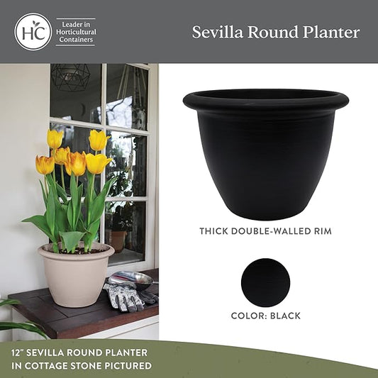 The HC Companies Sevilla Flower Planters - Durable Outdoor & Indoor Planter - Round Lightweight Self Watering Plant Pots for Herbs & More (12" Black, Pack of 2)