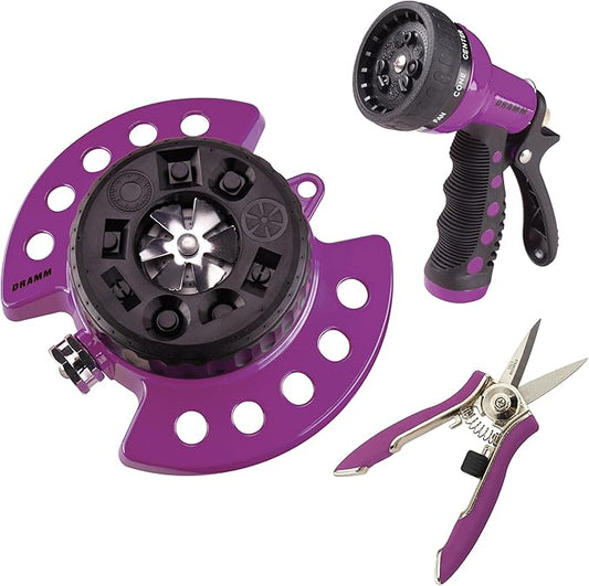 DRAMM Watering and Tool Set Includes 9-Pattern Revolver Spray Gun, 9-Pattern ColorStorm Turret Sprinkler, and Colorpoint Compact Shear, Berry