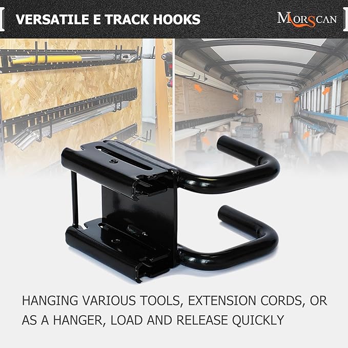 4-Pack E-Track Double Fitting J-Hooks, 2" Wide & 2" Deep Stable E Track Double J Hooks with Dual Fittings, Heavy Duty Shovel Hanger for Trailers, Trucks, Garden Tools Organizers Storage
