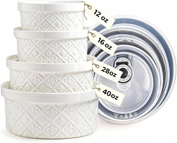 Large Mixing Bowls with Airtight Lids, Classic White Porcelain Embossed Nesting Salad Bowls for Baking and Cooking, 12/16/28/40oz Serving Bowls Set of 4, Oven and Dishwasher Safe, Thanksgiving Gift
