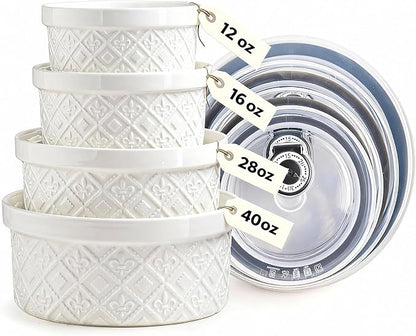 Large Mixing Bowls with Airtight Lids, Classic White Porcelain Embossed Nesting Salad Bowls for Baking and Cooking, 12/16/28/40oz Serving Bowls Set of 4, Oven and Dishwasher Safe, Thanksgiving Gift
