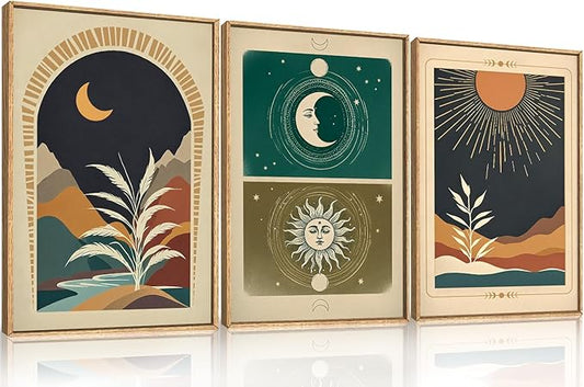 KAIRNE Moody Sun and Moon Framed Canvas Wall Art Set,Boho Desert Botanical Wall Decor,Abstract Vintage Black Art Prints,Retro Southwestern Artwork for Living Room,Bedroom,Farmhouse,Office-16 x24 x3