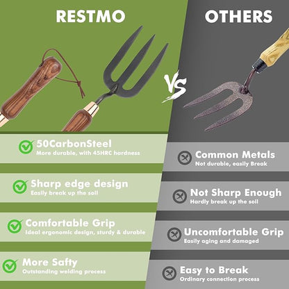 RESTMO Heavy Duty Gardening Hand Fork, Thickened Hand Weeding Fork for Planting or Removing Plants, Turning Soil, Weeding, and Cultivating