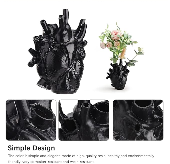 Resin Vase Planter, Decorative Heart Vase - Anatomical Heart Tabletop Decorative Craft, Farmhouse Living Room Bedroom Countertop (Black,Large)