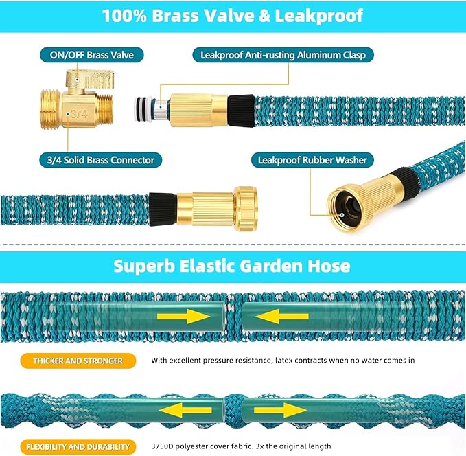 100 ft Expandable Garden Hose - 2026 Newly No-Kink 5-Layer Latex Core Water Hose with 10-Pattern Nozzle, Flexible, Lightweight, Leak-Free, 3/4” Solid Brass Fittings, 3750D Retractable Expanding Hose