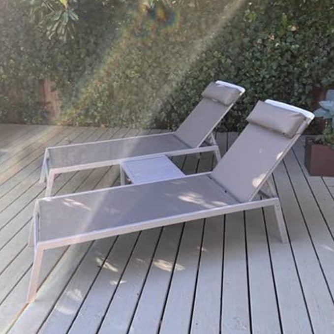 Domi Patio 3 Pieces Aluminum Textilene Chaise Lounge Set with Side Table Outdoor,Adjustable Back&Pillow for Yard,Garden,Sunbathing,for All Seasons,Gray