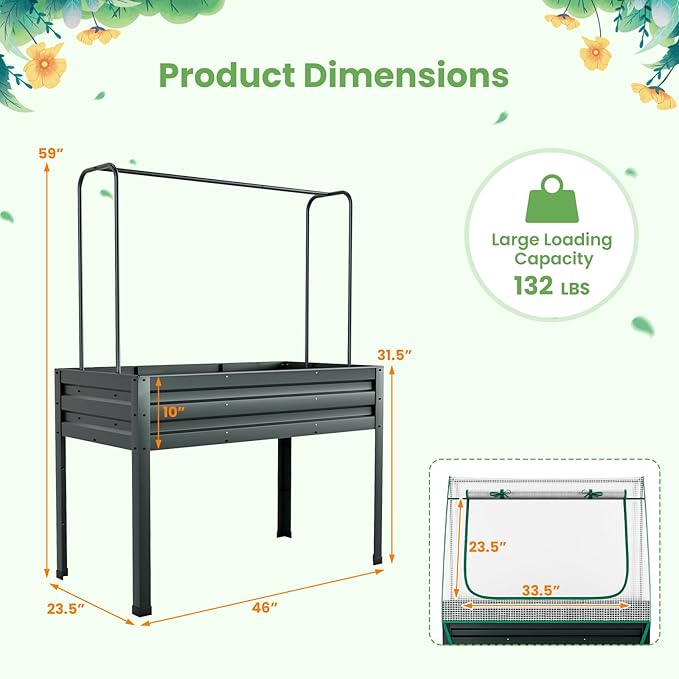 Giantex 3-in-1 Raised Garden Bed with Greenhouse Cover & Trellis Rope, Galvanized Metal Elevated Planter Box w/ Legs, Drainage Holes, 46”x23.5”x59” Raised Bed for Flower Herb Vegetable, Easy Assembly