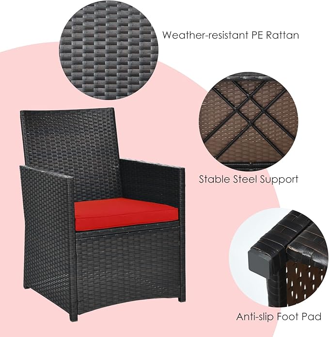 HAPPYGRILL 3-Piece Outdoor Wicker Bistro Set PE Rattan Dining Table Set with Cushioned Chairs, Patio Conversation Set for Backyard Porch Garden and Poolside
