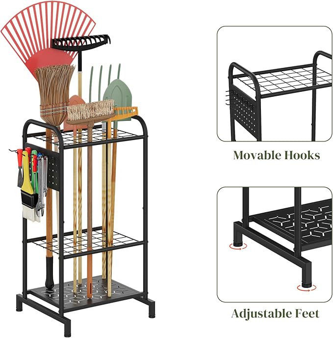 Garden Tool Organizer with Hooks Yard Tool Rack Heavy Duty Steel Yard Tool Organizer and Garden Storage Holder Broom Holder for Shed, Patio, Outdoor Indoor