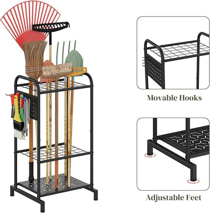 Garden Tool Organizer with Hooks Yard Tool Rack Heavy Duty Steel Yard Tool Organizer and Garden Storage Holder Broom Holder for Shed, Patio, Outdoor Indoor