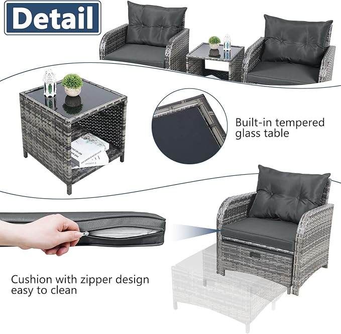 5 Pieces Wicker Outdoor Patio Chairs Set with Ottoman, Patio Furniture Set with Foot Rest Underneath, PE Rattan Garden Arm Chairs with Hidden Ottoman for Poolside Garden Balcony, Grey