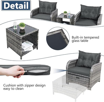 5 Pieces Wicker Outdoor Patio Chairs Set with Ottoman, Patio Furniture Set with Foot Rest Underneath, PE Rattan Garden Arm Chairs with Hidden Ottoman for Poolside Garden Balcony, Grey